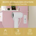 Anymaple Aurelia Pink vanity desk without stool with side hair dryer holder and open shelf storage detail