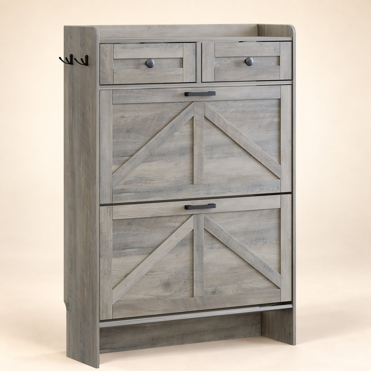 Newport 2-door shoe cabinet, closed front view, Gray Oak
