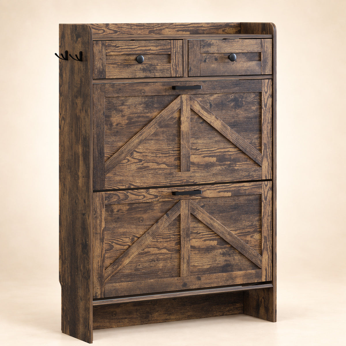 Newport 2-door shoe cabinet, closed front view, Rustic Brown