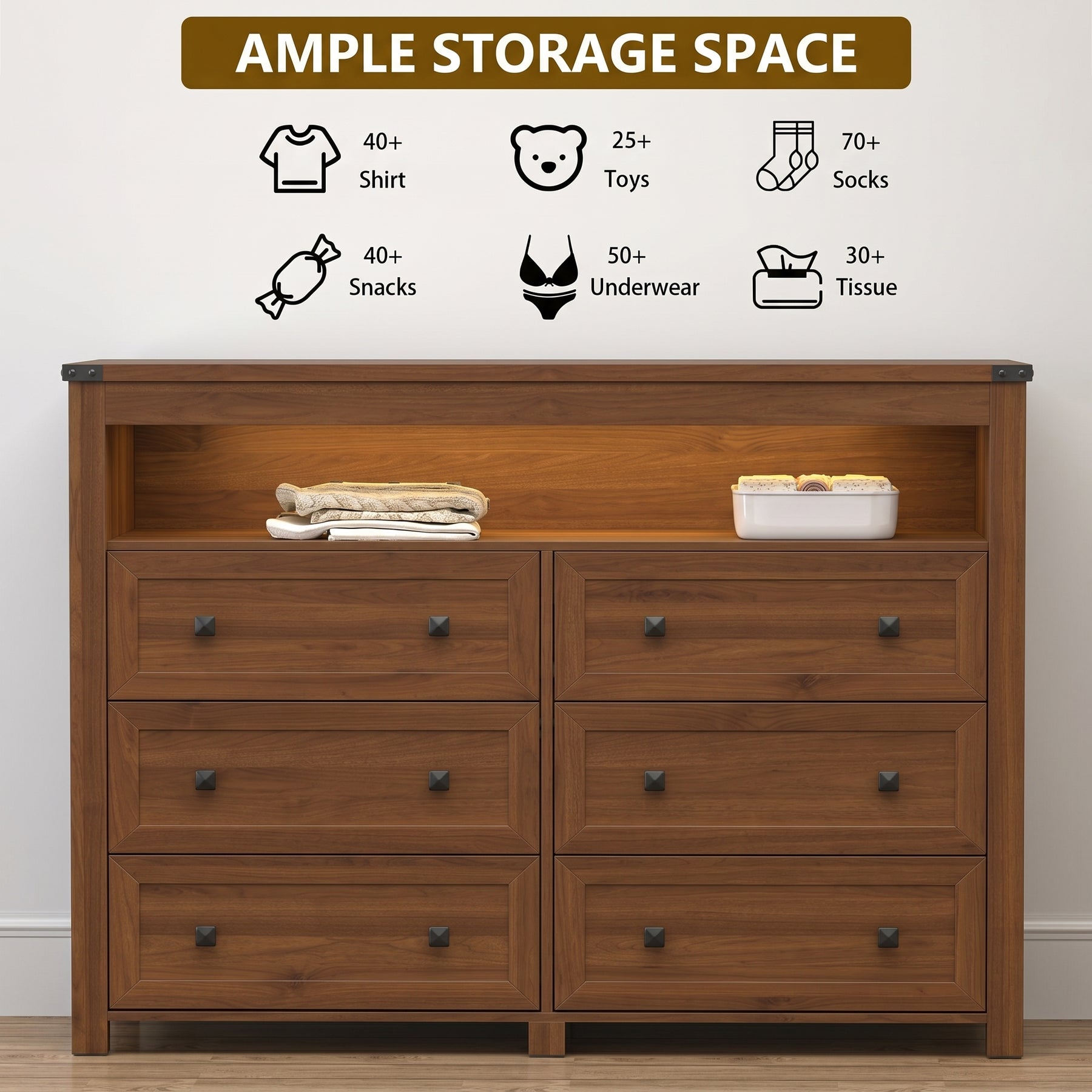 Liora  Six-Drawer High Dresser with LED Shelf