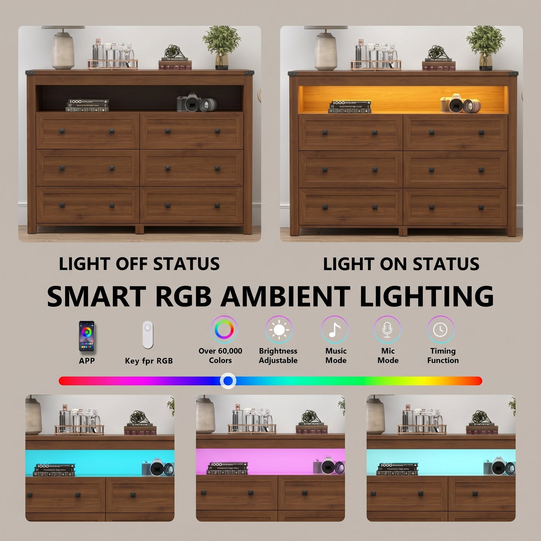 Liora  Six-Drawer High Dresser with LED Shelf