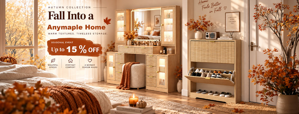 Anymaple Fall Refresh Sale — up to 15% off. Fluted vanity and shoe storage in a warm autumn home.