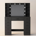 Anymaple HLG166 vanity desk in black with HD lighted mirror, open shelves and drawers, front view.