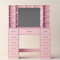 Anymaple HLG166 vanity desk in pink with HD lighted mirror, open shelves and drawers, front view.