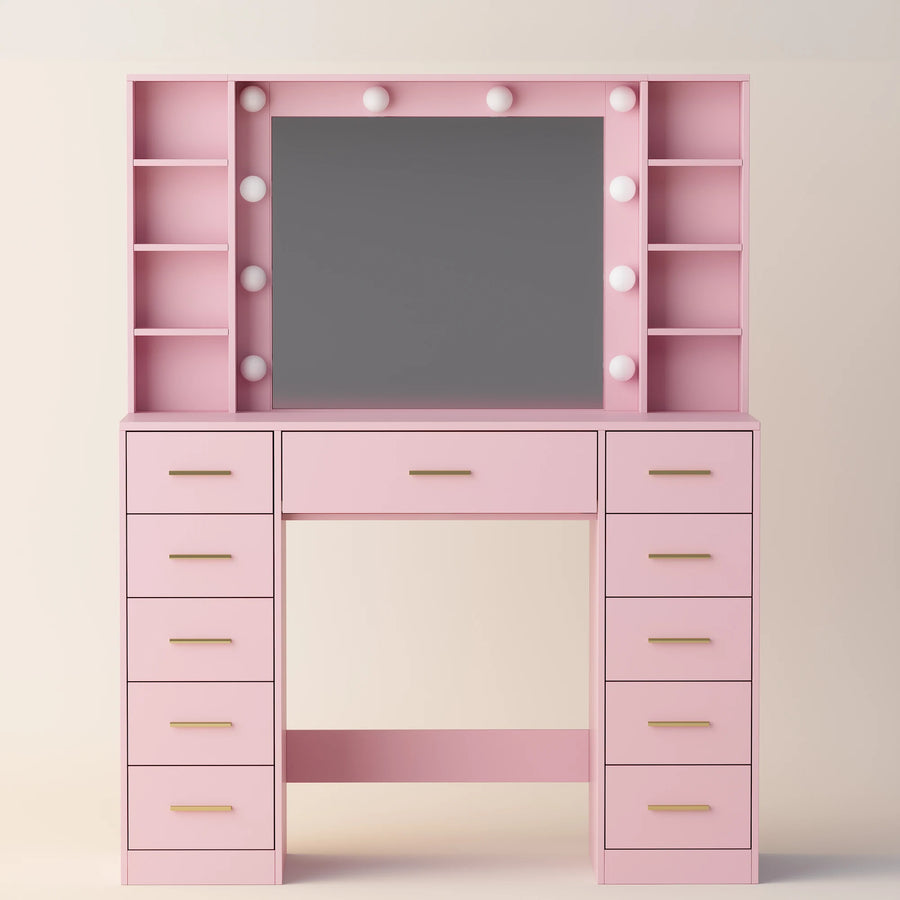 Anymaple HLG166 vanity desk in pink with HD lighted mirror, open shelves and drawers, front view.