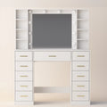 Anymaple HLG166 vanity desk in white with HD lighted mirror, open shelves and drawers, front view.