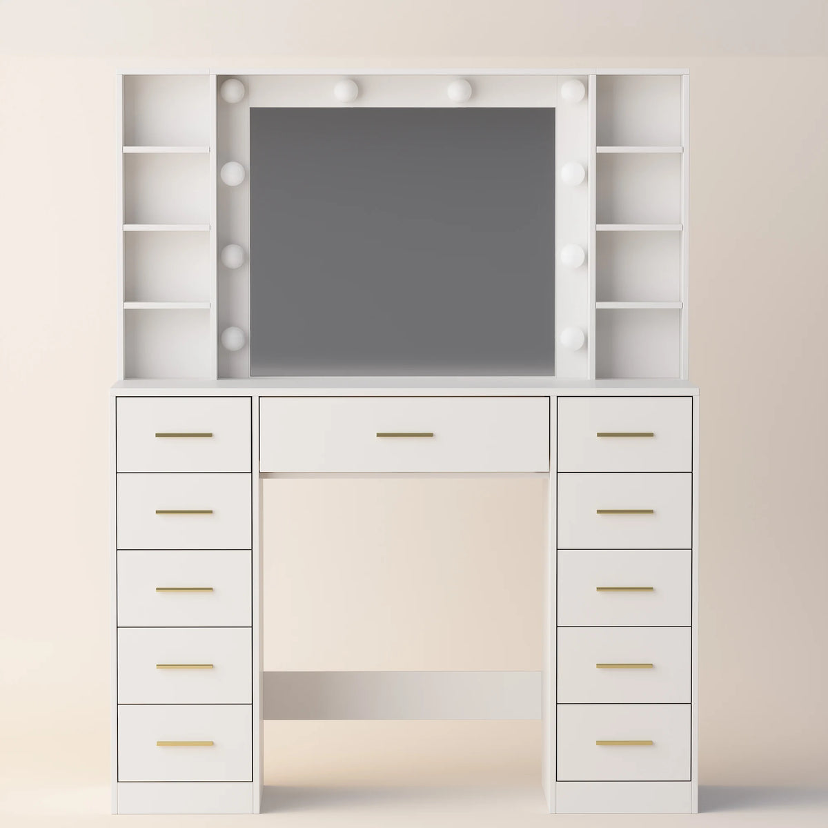 Anymaple HLG166 vanity desk in white with HD lighted mirror, open shelves and drawers, front view.