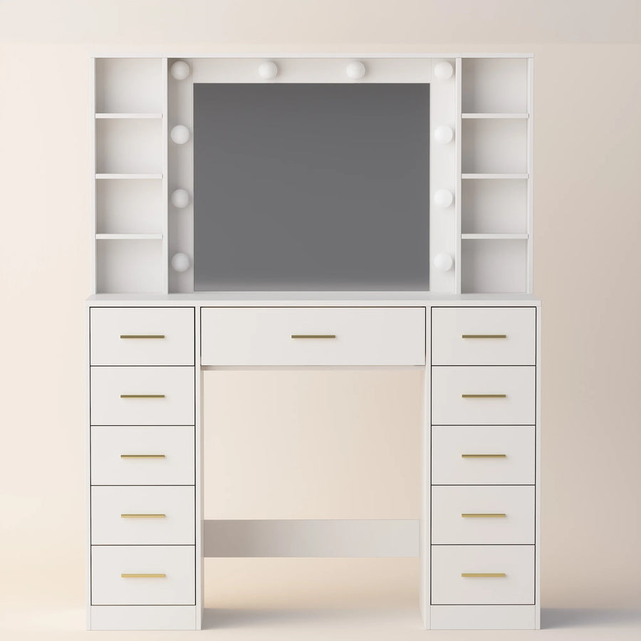 Anymaple HLG166 vanity desk in white with HD lighted mirror, open shelves and drawers, front view.