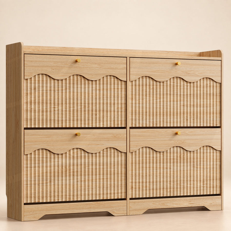 Anymaple Wave-Edge Fluted Shoe Cabinet with 4 Flip Drawers in Oak - front view