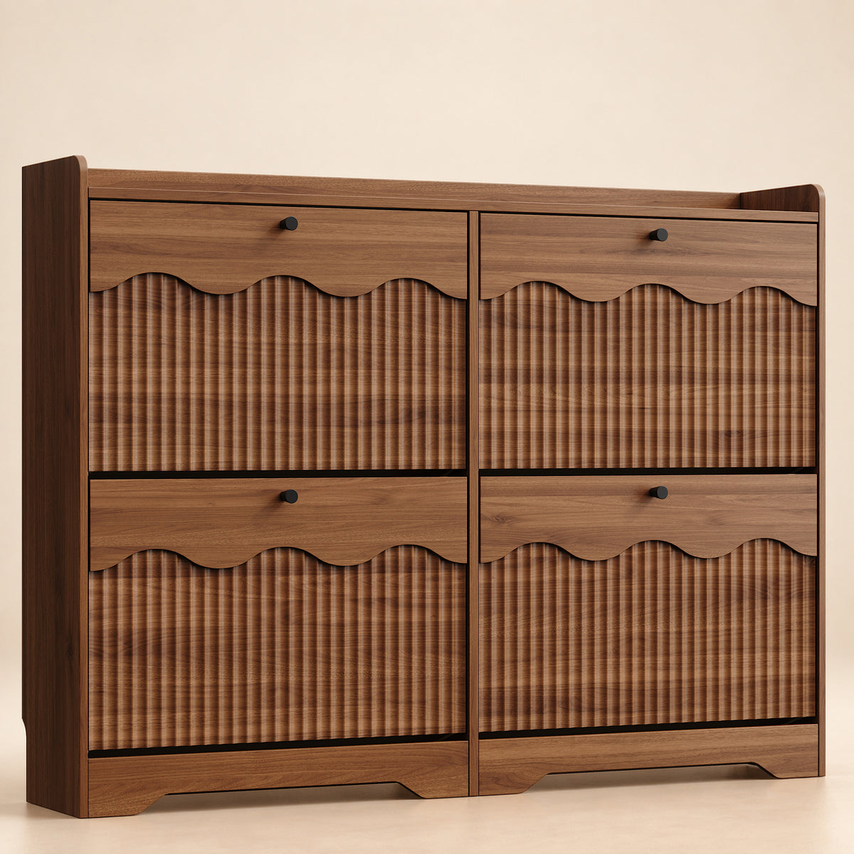 Wave-Edge Fluted Shoe Cabinet with 4 Flip Drawers - Walnut