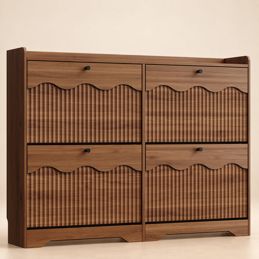 Wave-Edge Fluted Shoe Cabinet with 4 Flip Drawers in Walnut - front view