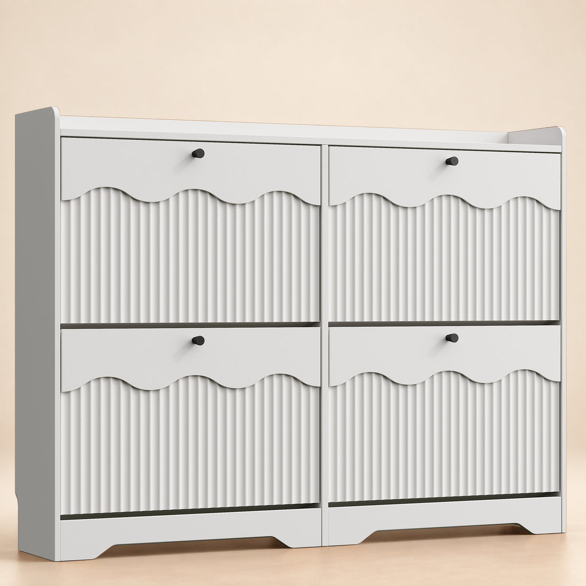 Wave-Edge Fluted Shoe Cabinet with 4 Flip Drawers in White - front view