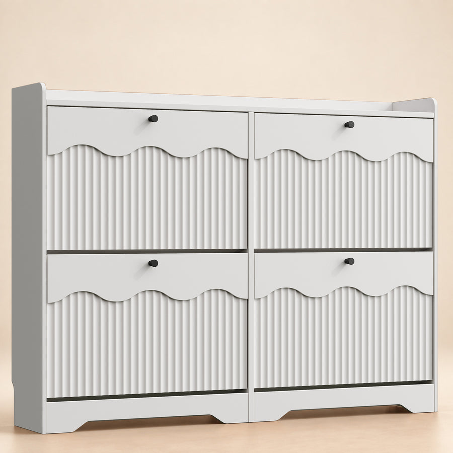 Wave-Edge Fluted Shoe Cabinet with 4 Flip Drawers in White - front view