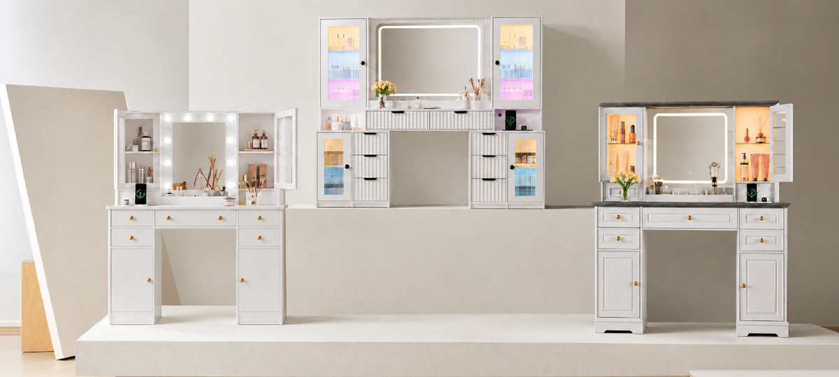 Makeup vanity with mirror and storage in a bright bedroom