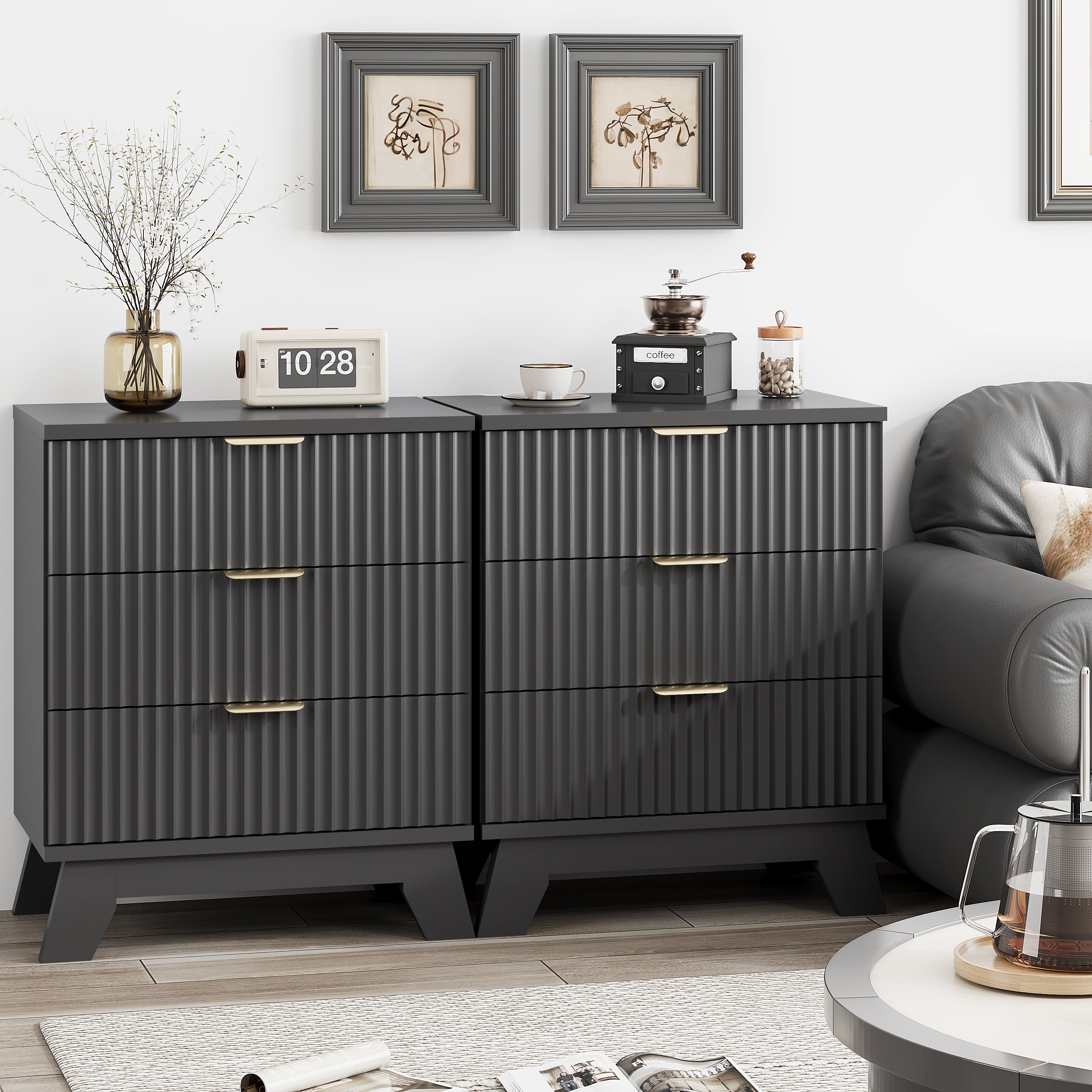 Two Linea black 3-drawer nightstands placed side by side next to a sofa, creating a wide fluted dresser for extended living room storage.