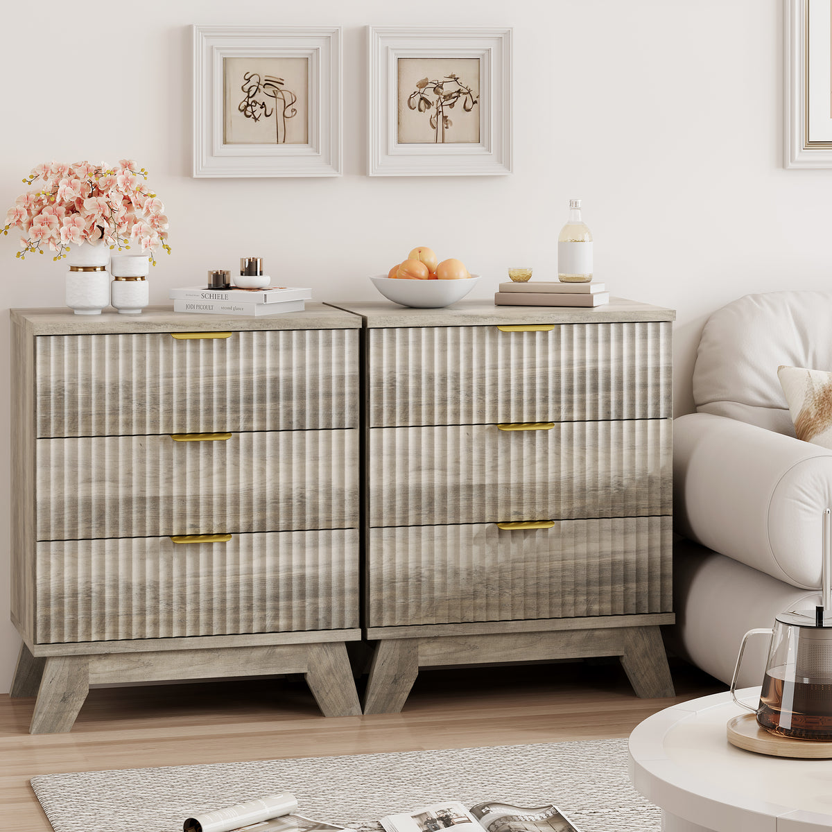 Two Linea gray 3-drawer nightstands placed side by side next to a sofa, creating a wide fluted dresser for extended living room storage.