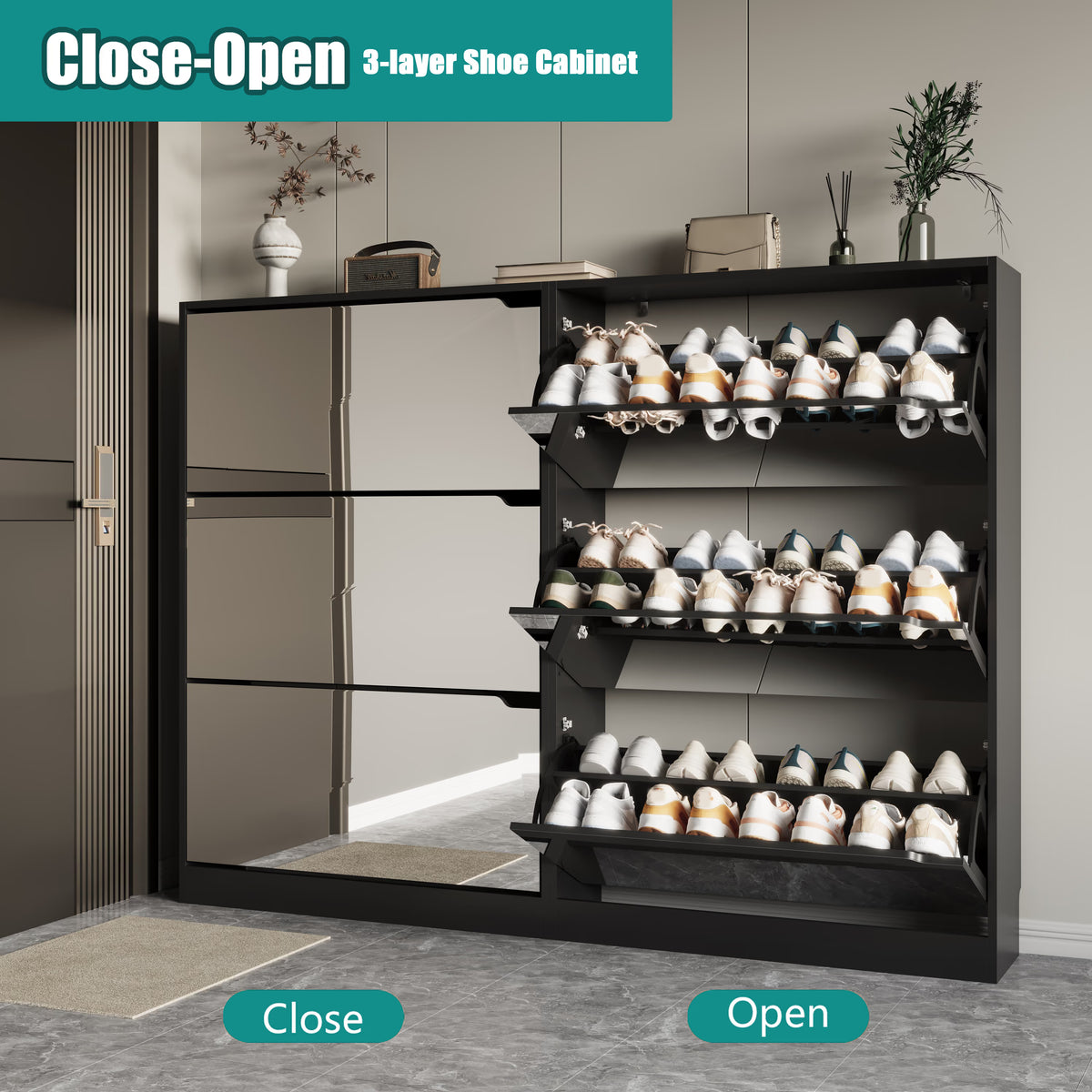 Modern Slim Shoe Cabinet with Mirror, 3 Flip-Down Drawers, Hidden Handle and Space-Saving Storage for Entryway & Hallway