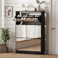 Modern Slim Shoe Cabinet with Mirror, 3 Flip-Down Drawers, Hidden Handle and Space-Saving Storage for Entryway & Hallway
