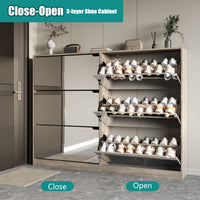 Modern Slim Shoe Cabinet with Mirror, 3 Flip-Down Drawers, Hidden Handle and Space-Saving Storage for Entryway & Hallway