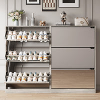 Modern Slim Shoe Cabinet with Mirror, 3 Flip-Down Drawers, Hidden Handle and Space-Saving Storage for Entryway & Hallway