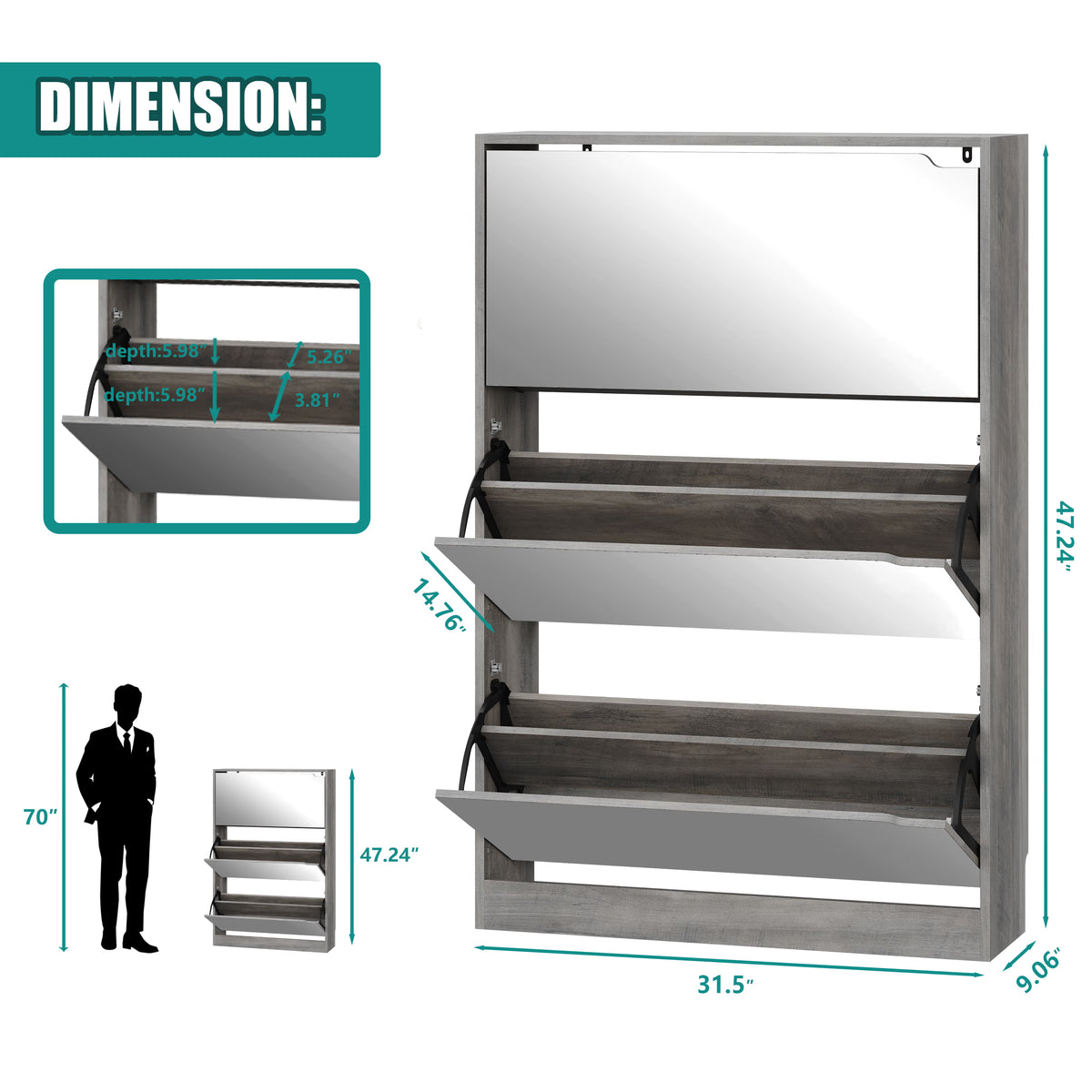 Modern Slim Shoe Cabinet with Mirror, 3 Flip-Down Drawers, Hidden Handle and Space-Saving Storage for Entryway & Hallway