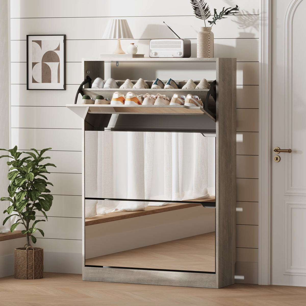 Modern Slim Shoe Cabinet with Mirror, 3 Flip-Down Drawers, Hidden Handle and Space-Saving Storage for Entryway & Hallway