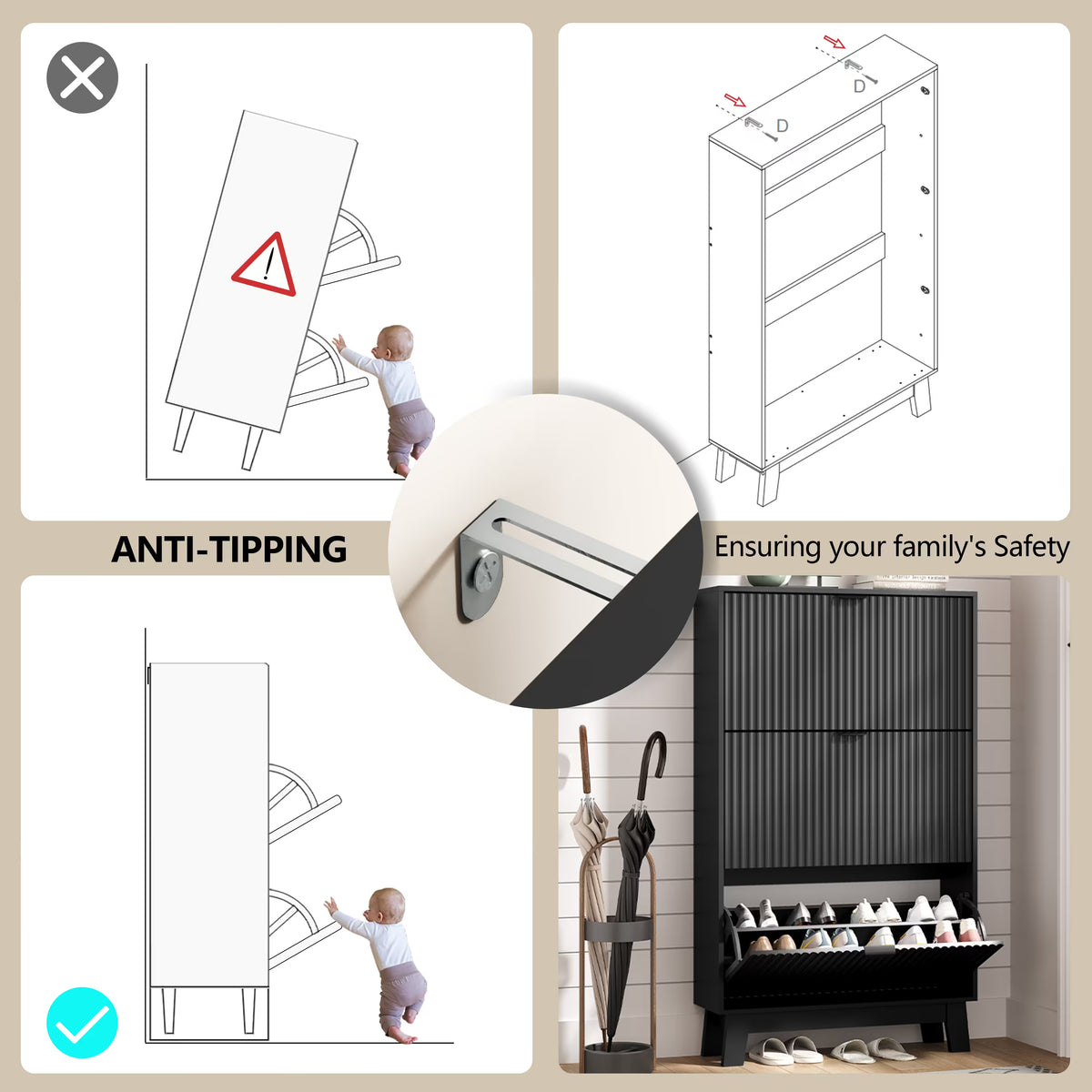 Anymaple black shoe cabinet 3 drawer with anti-tipping safety device anchored to the wall