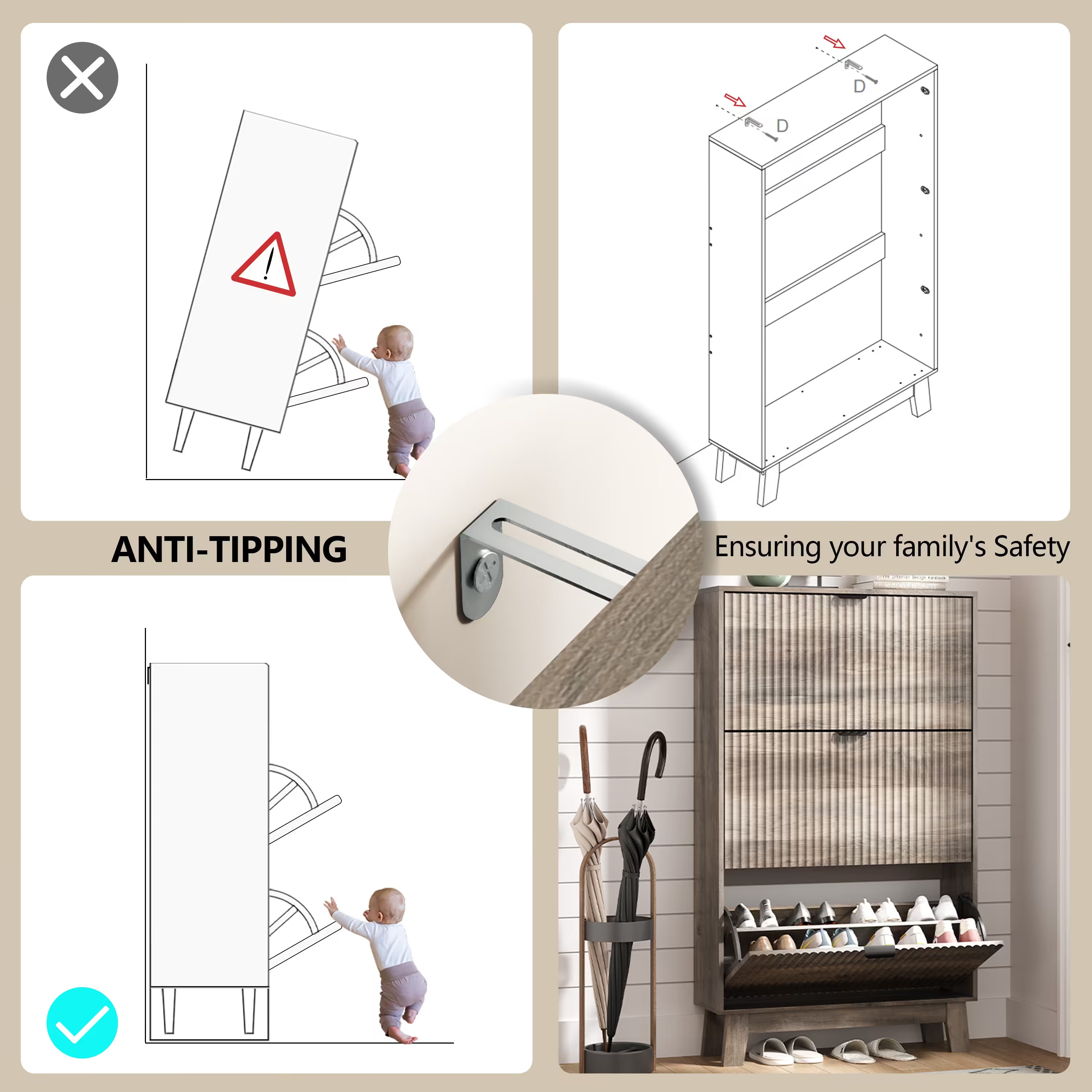 Anymaple gray shoe cabinet 3 drawer with anti-tipping safety device anchored to the wall