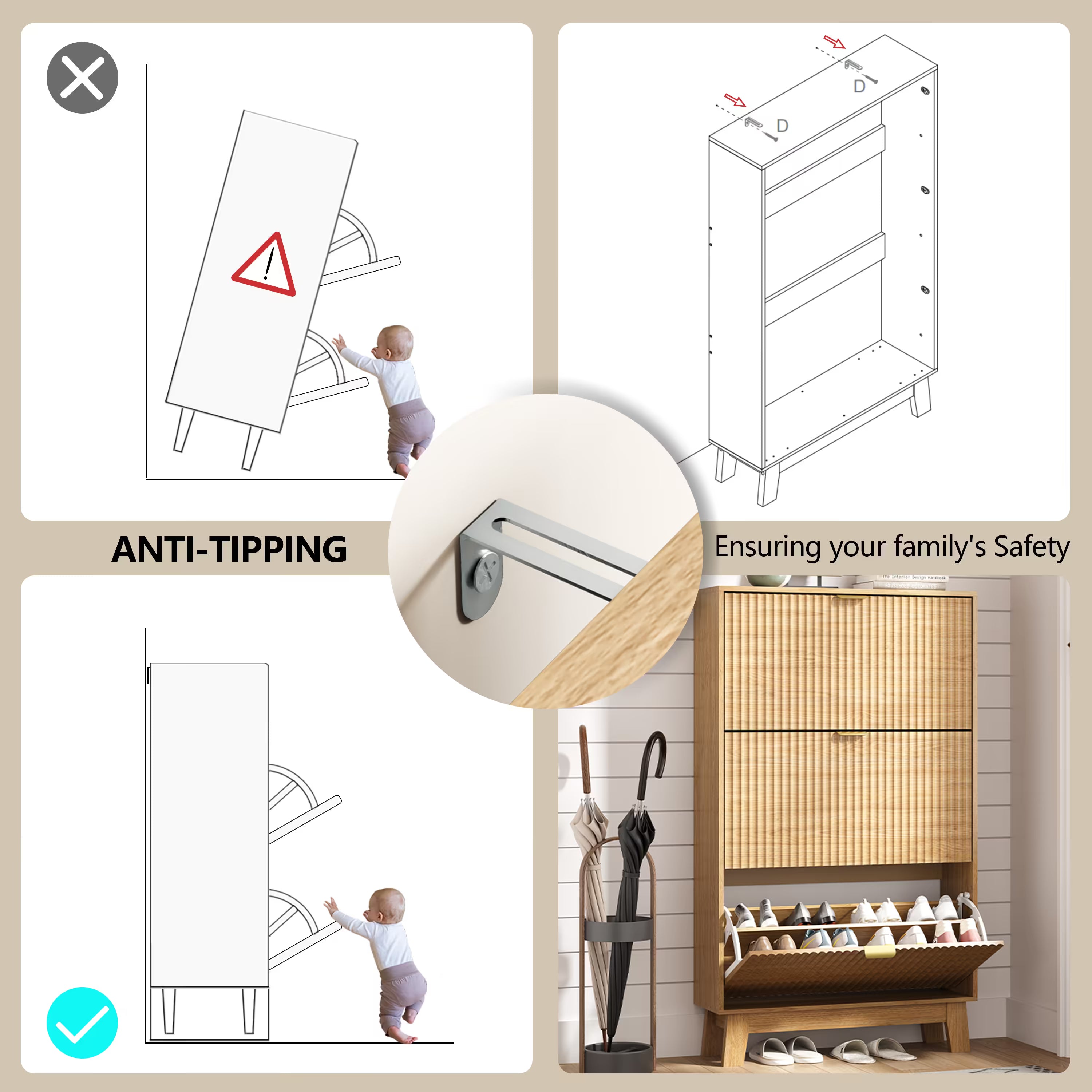 Anymaple oak shoe cabinet 3 drawer with anti-tipping safety device anchored to the wall