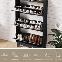 Anymaple black shoe cabinet showing 3 flip drawers holding heels, sneakers, and boots