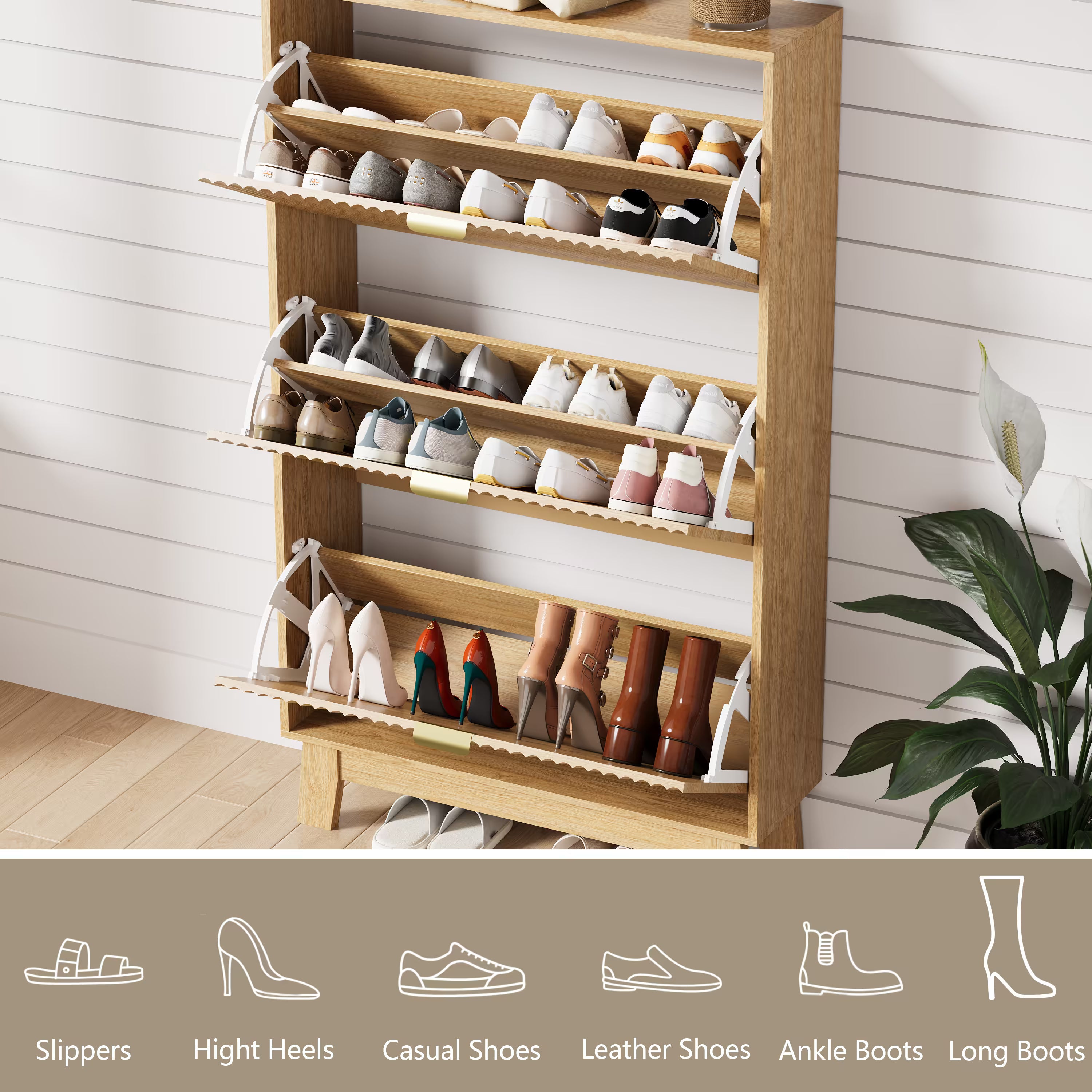 Anymaple oak shoe cabinet showing 3 flip drawers holding heels, sneakers, and boots