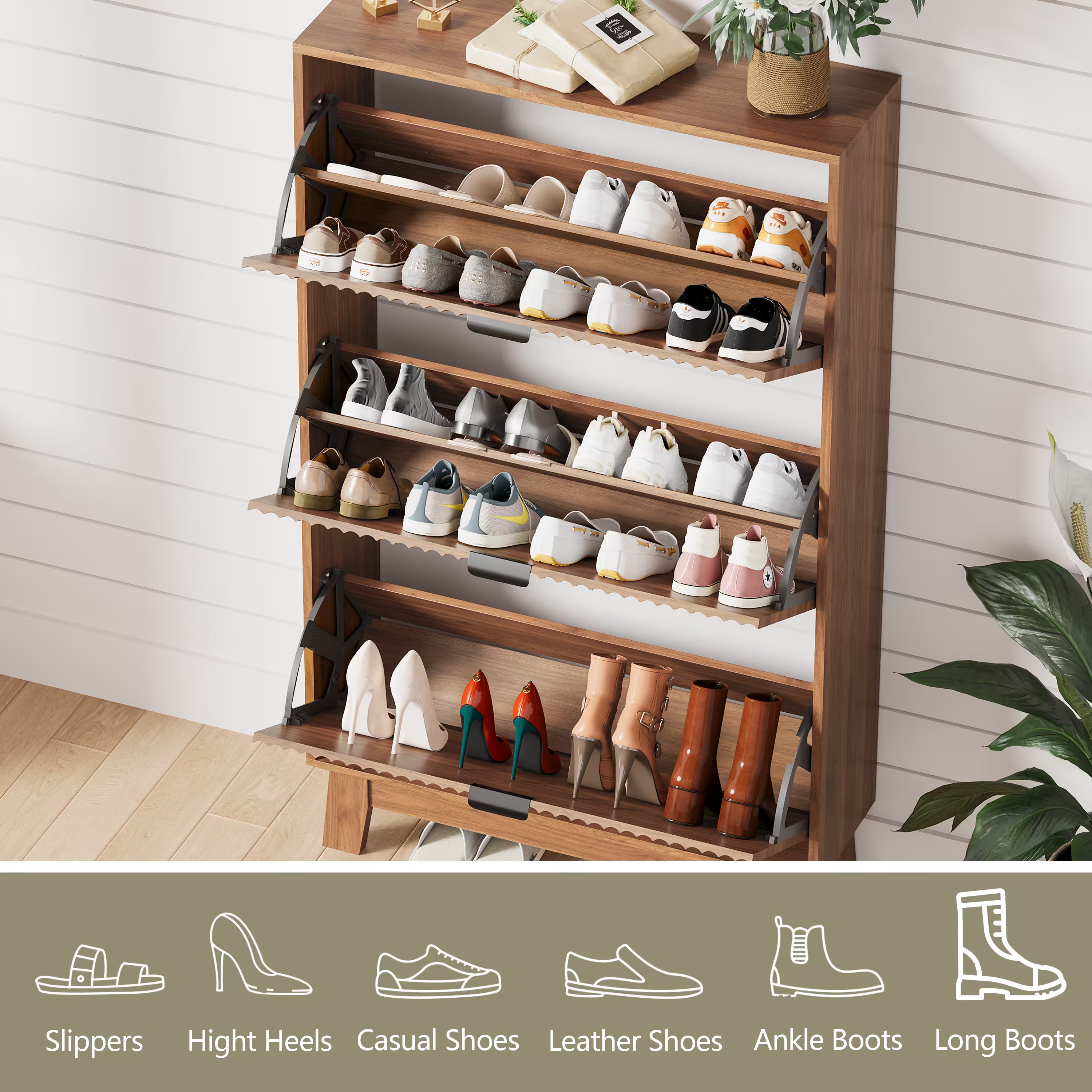 Anymaple walnut shoe cabinet showing 3 flip drawers holding heels, sneakers, and boots