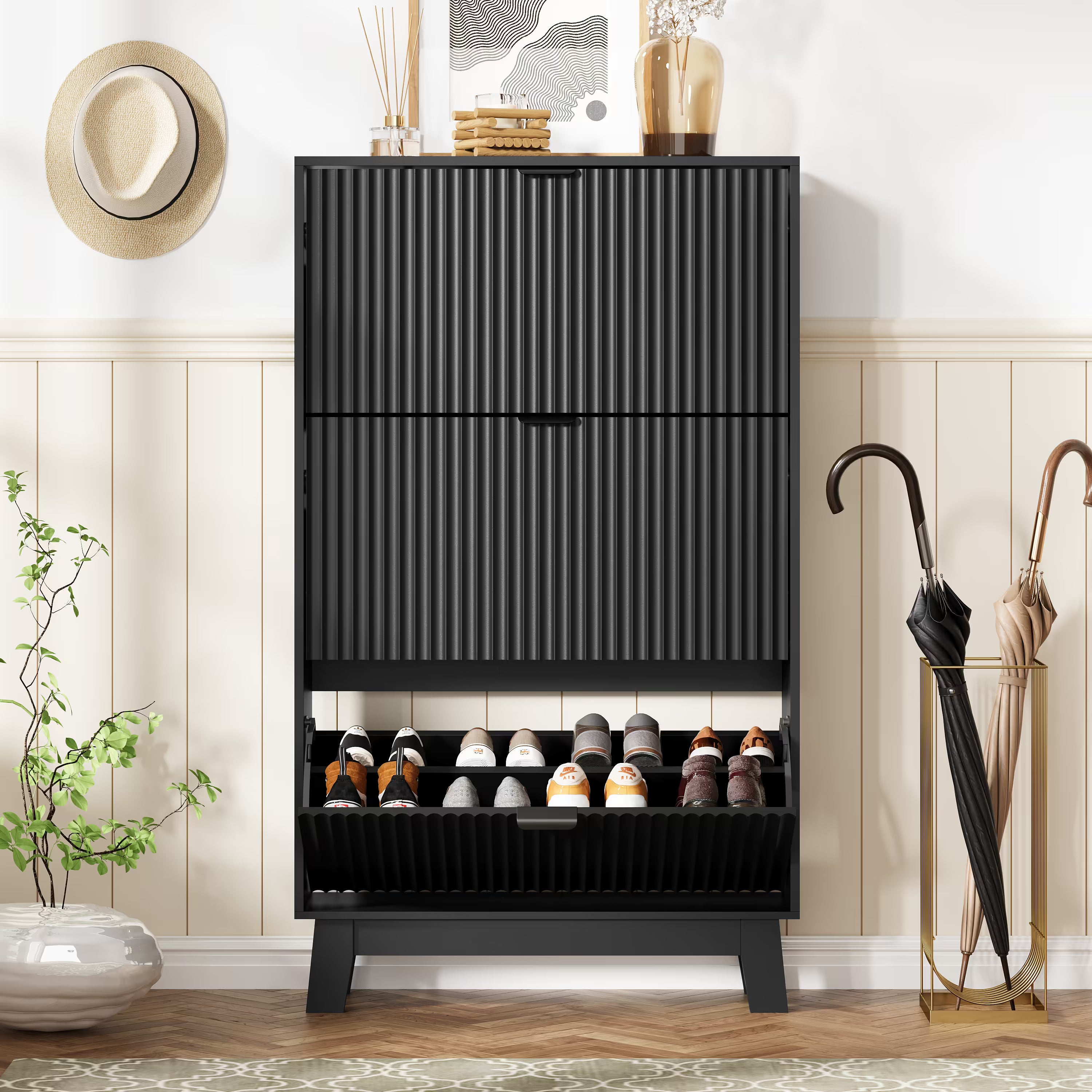 Anymaple black shoe cabinet 3 tier storage standing near front door entrance for space saving