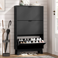 Anymaple black shoe cabinet entryway featuring 3 fluted flip drawers and wooden legs for modern storage