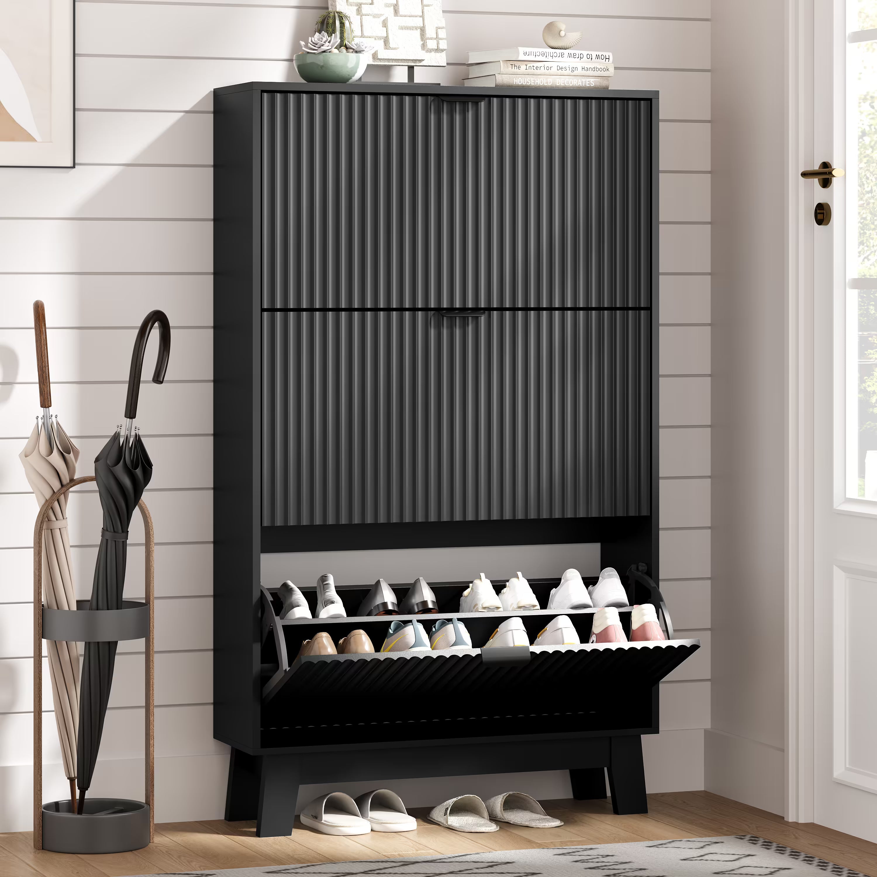 Anymaple black shoe cabinet entryway featuring 3 fluted flip drawers and wooden legs for modern storage