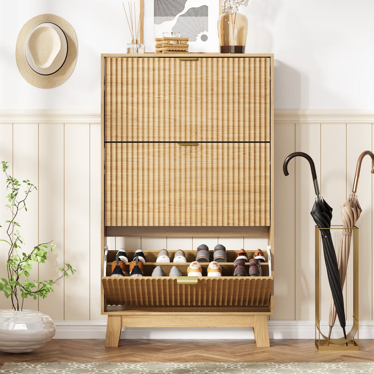 Anymaple oak shoe cabinet 3 tier storage standing near front door entrance for space saving