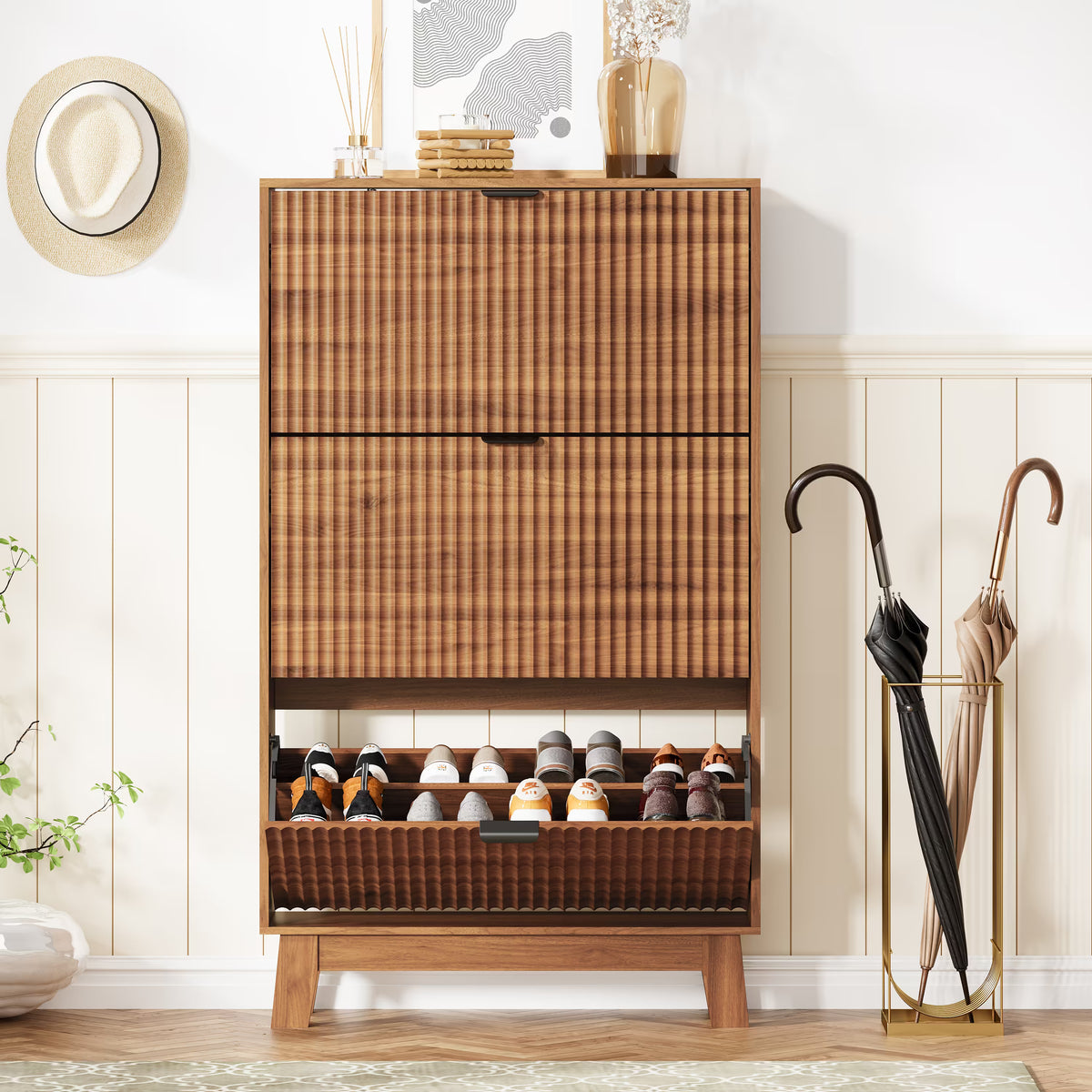 Anymaple walnut shoe cabinet 3 tier storage standing near front door entrance for space saving