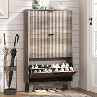Anymaple gray shoe cabinet entryway featuring 3 fluted flip drawers and wooden legs for modern storage