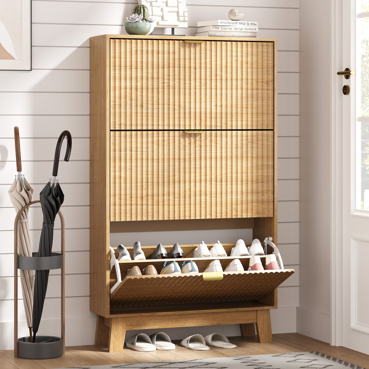 Anymaple oak shoe cabinet entryway featuring 3 fluted flip drawers and wooden legs for modern storage