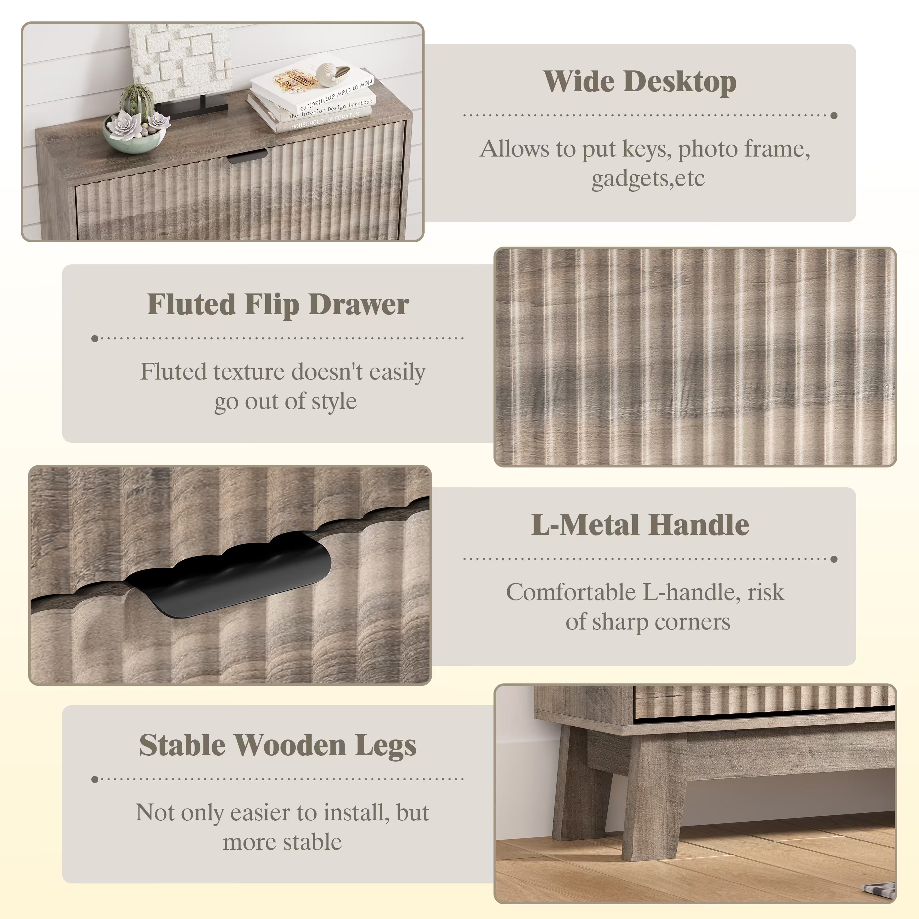 Anymaple gray shoe cabinet 3 drawer details including wide desktop, fluted panels, and sturdy legs