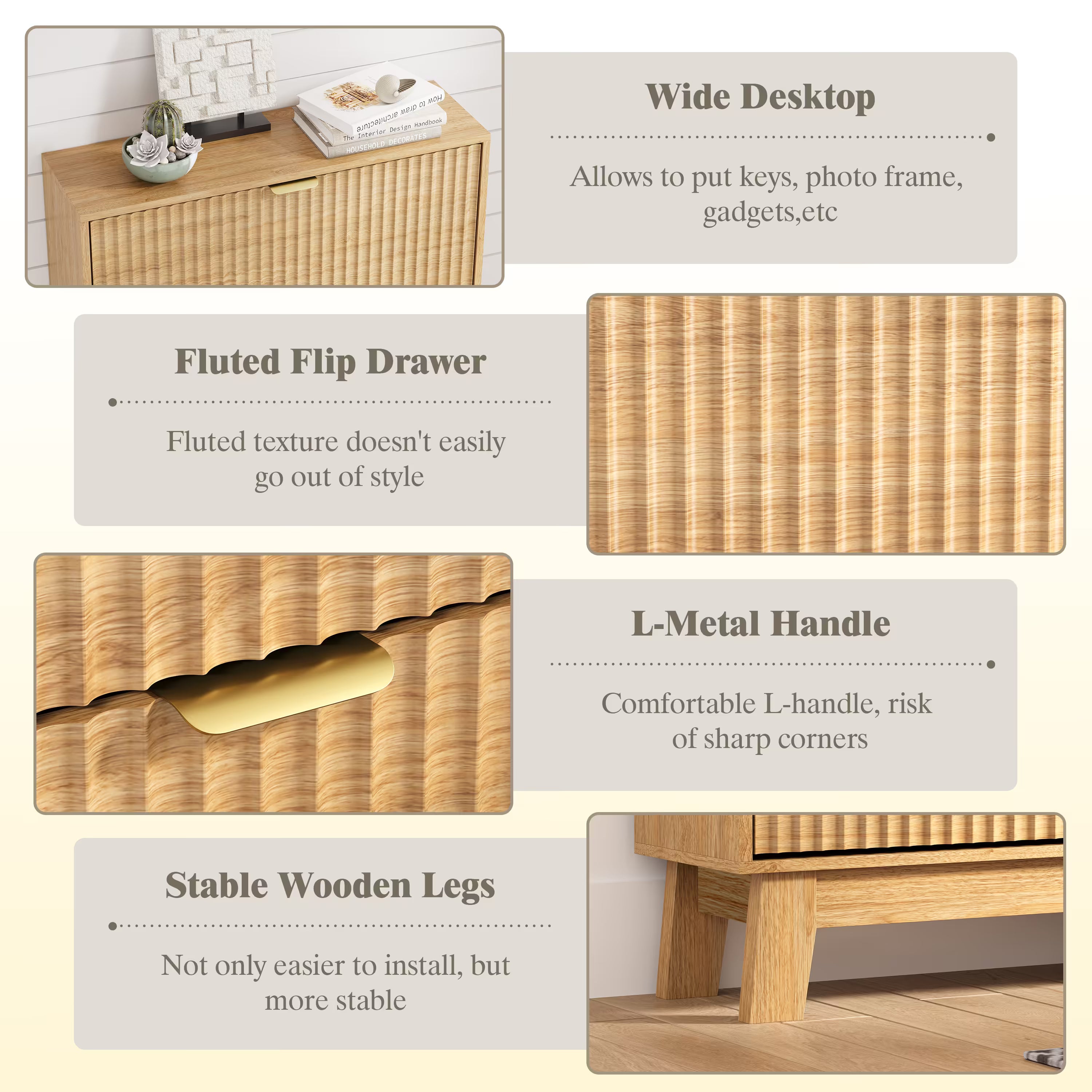Anymaple oak shoe cabinet 3 drawer details including wide desktop, fluted panels, and sturdy legs