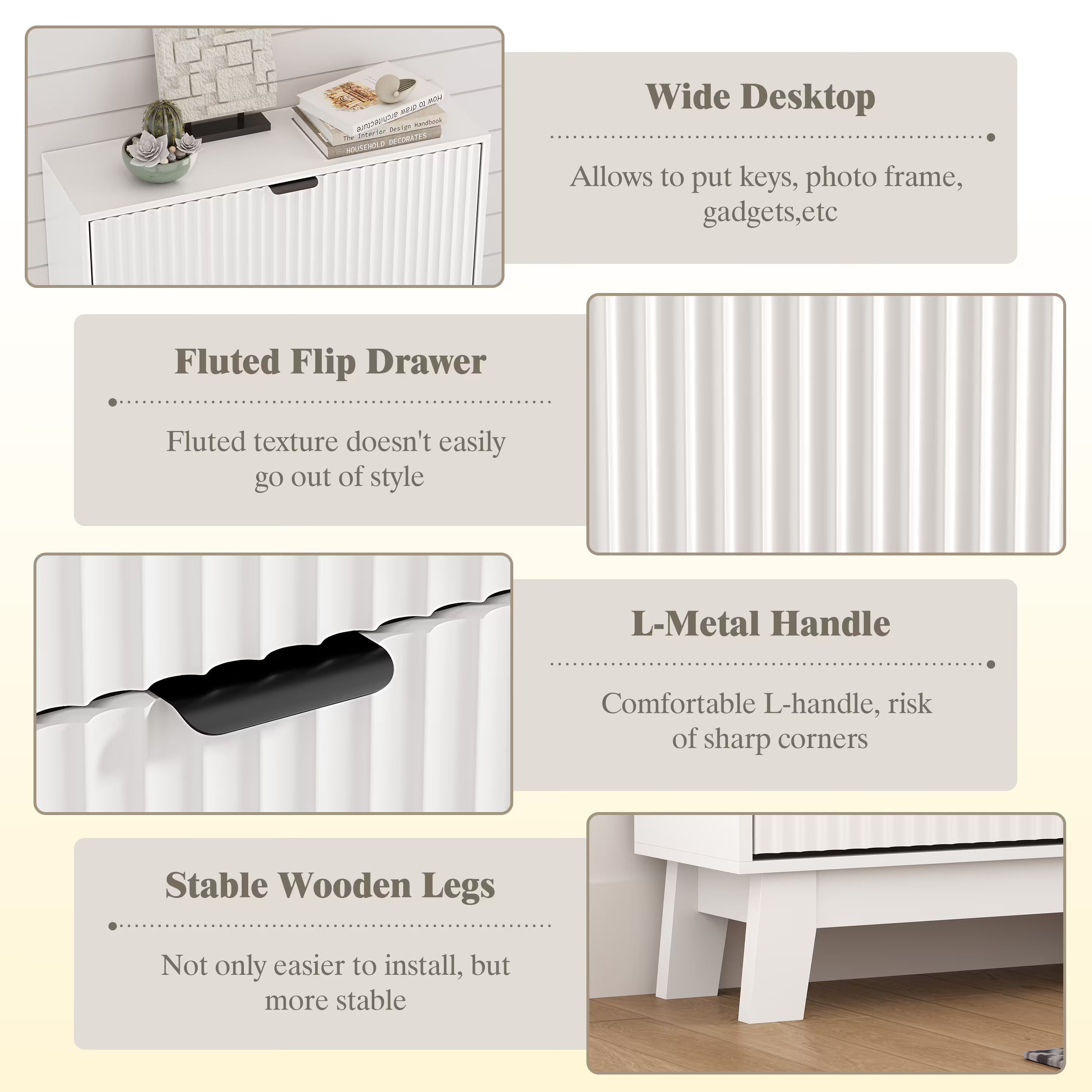 Anymaple white shoe cabinet 3 drawer details including wide desktop, fluted panels, and sturdy legs