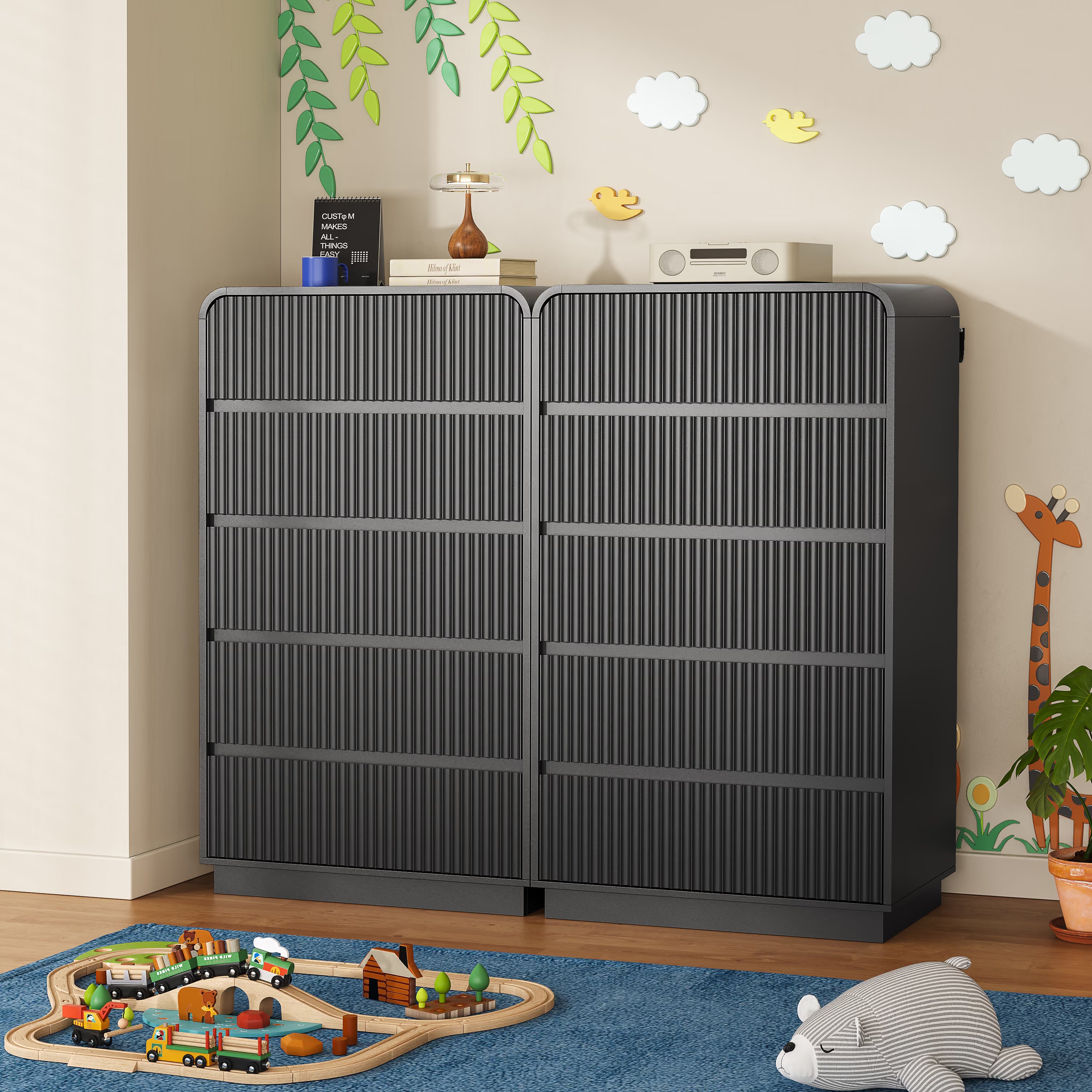 Two Linea black tall dressers placed side by side in a children's playroom for extended storage.