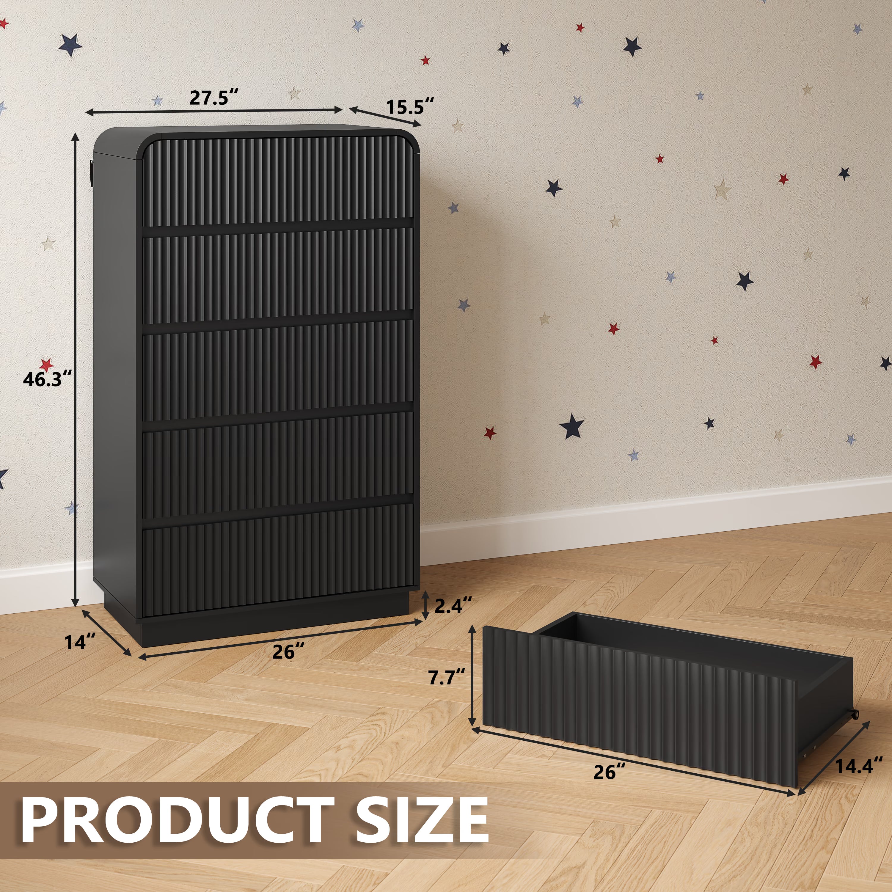 Dimensions of the Linea black 5-drawer tall bedroom dresser, showing overall height and drawer depth.