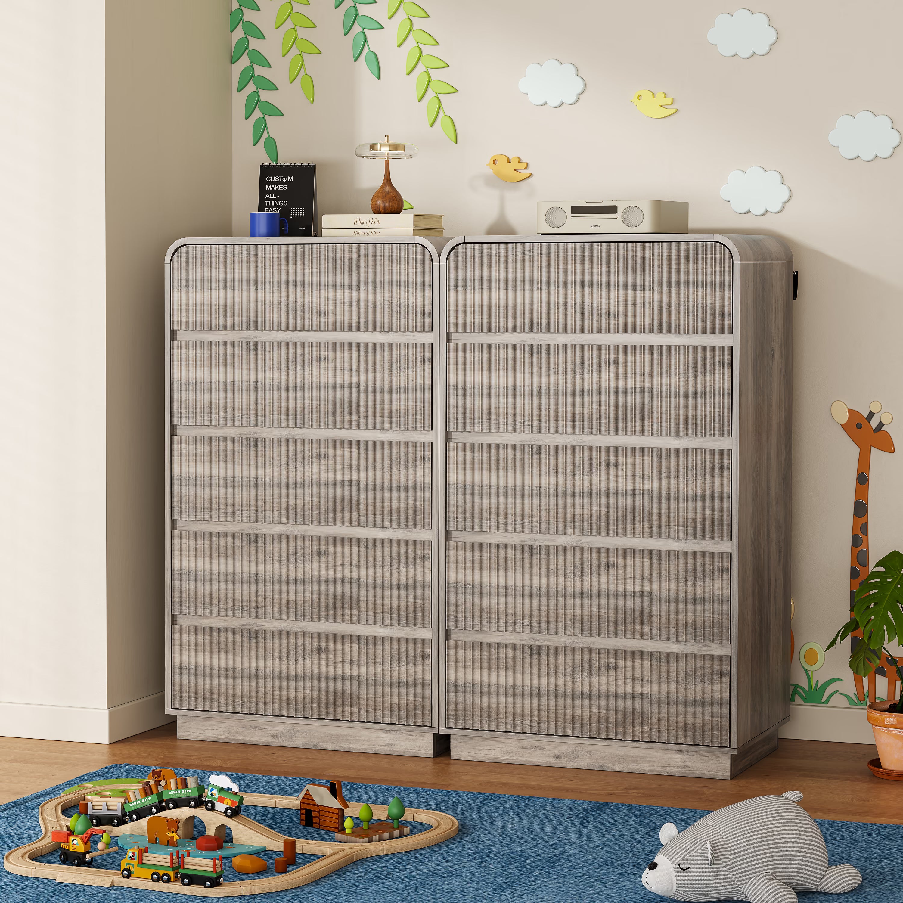 Two Linea gray tall dressers placed side by side in a children's playroom for extended storage.