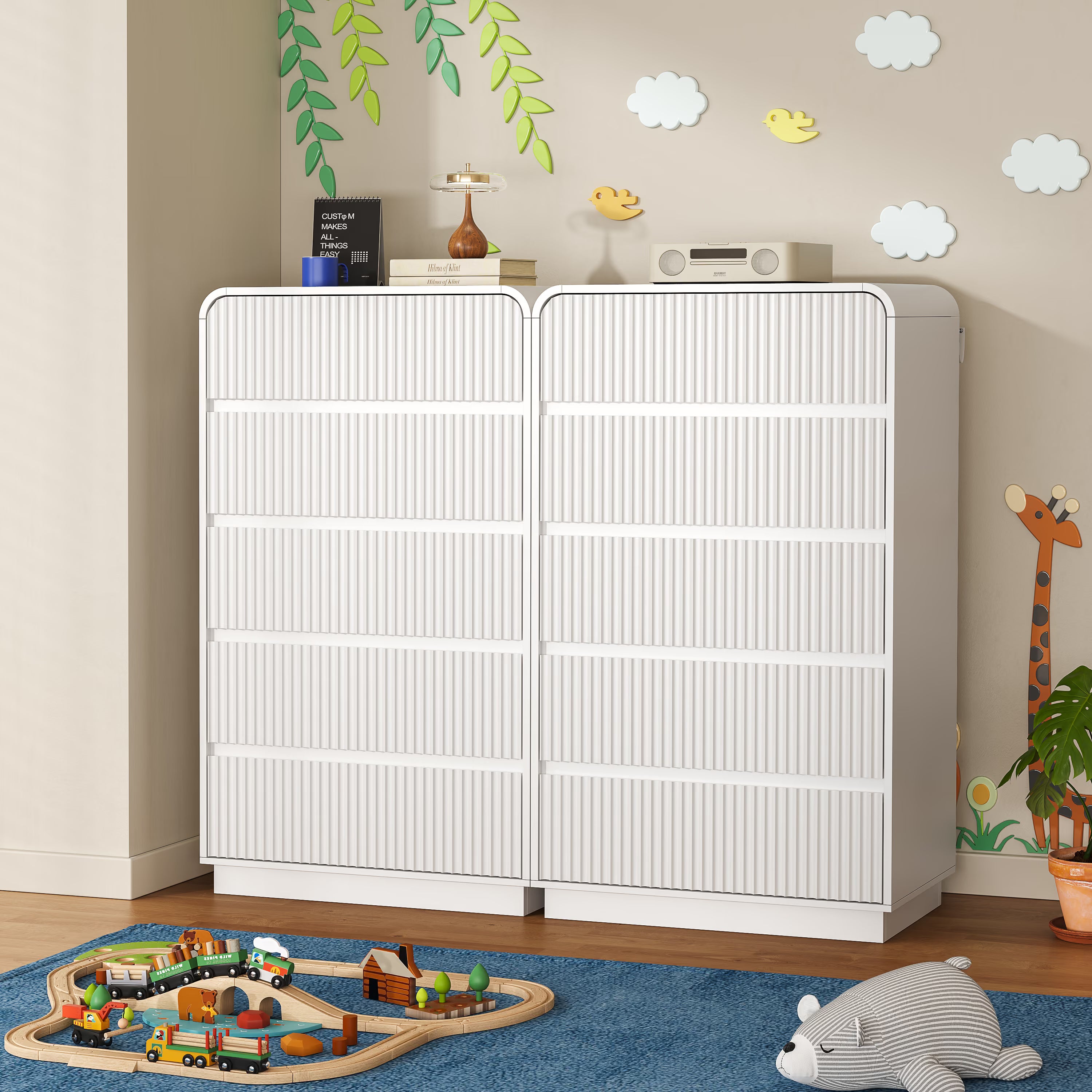 Two Linea white tall dressers placed side by side in a children's playroom for extended storage.