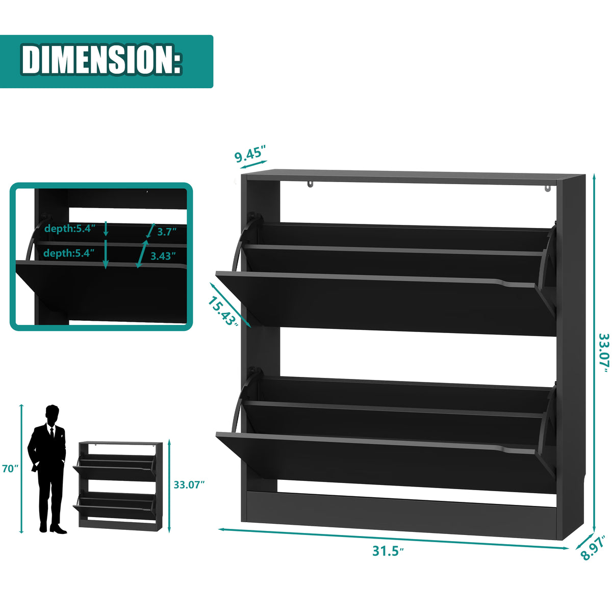 Detailed dimensions of the black narrow shoe cabinet. This slim shoe cabinet is perfectly sized to fit in tight hallways and compact entryways without sacrificing space.