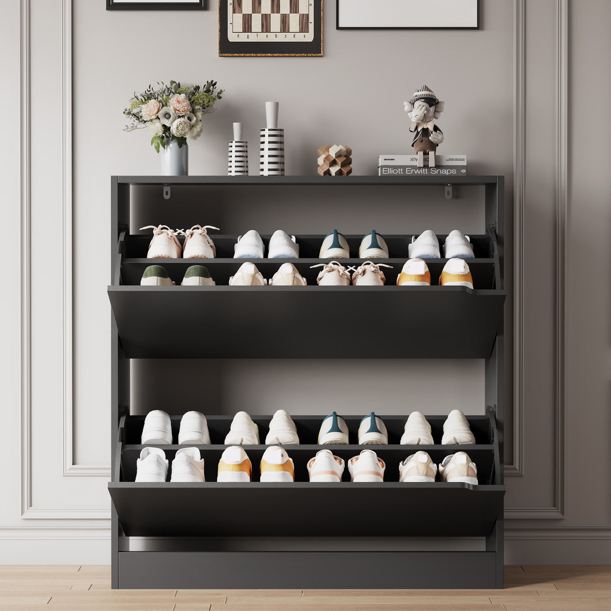 Before and after comparison showing cluttered shoes versus a neat black shoe organizer cabinet. Provides excellent shoe storage for a clean and tidy floor.