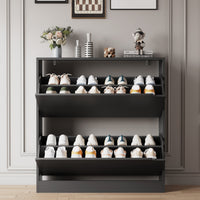 Before and after comparison showing cluttered shoes versus a neat black shoe organizer cabinet. Provides excellent shoe storage for a clean and tidy floor.