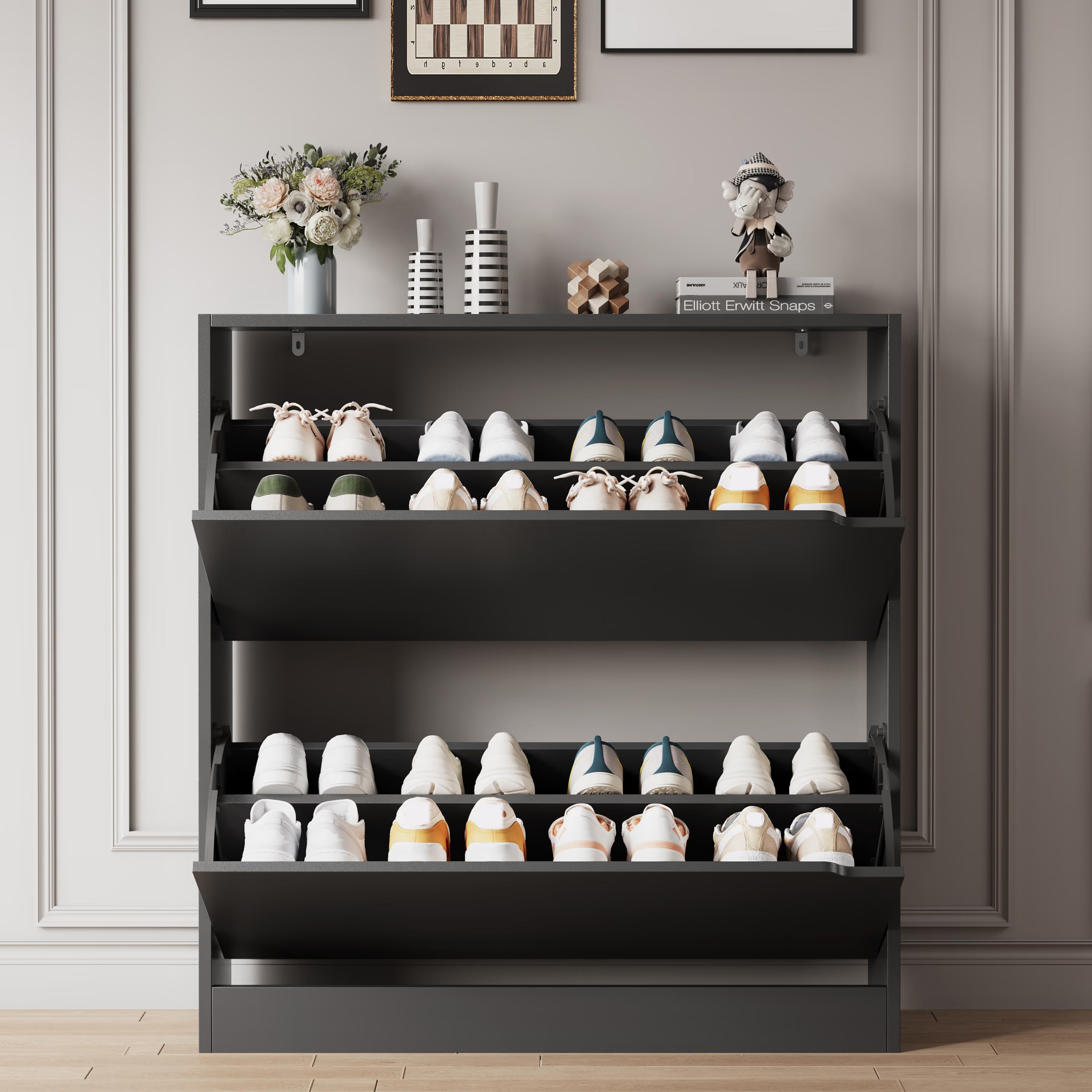 Before and after comparison showing cluttered shoes versus a neat black shoe organizer cabinet. Provides excellent shoe storage for a clean and tidy floor.